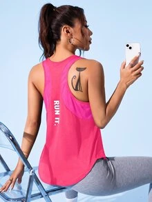 SHEIN Sovereign Charm 字母印花撞色宽松圆领无袖夏季运动背心 - 玫紅色 - 查看 3