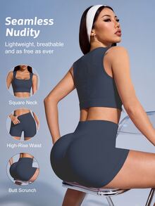 SHEIN Sovereign Charm Solid Color Ribbed Sports Tank Top & Shorts Set For Women - Iron Gray - View 2
