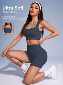 SHEIN Sovereign Charm Solid Color Ribbed Sports Tank Top & Shorts Set For Women - Iron Gray - View 3