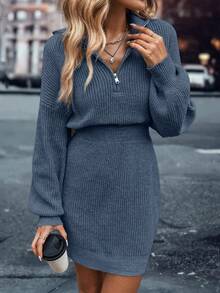 SHEIN LUNE Quarter Zip Drop Shoulder Sweater Dress Fall Winter Cloth For Women - Dusty Blue - View 3