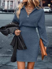 SHEIN LUNE Quarter Zip Drop Shoulder Sweater Dress Fall Winter Cloth For Women - Dusty Blue - View 7