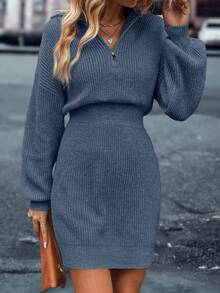 SHEIN LUNE Quarter Zip Drop Shoulder Sweater Dress Fall Winter Cloth For Women - Dusty Blue - View 4