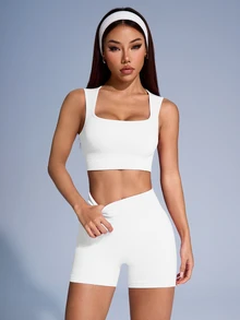 SHEIN Sovereign Charm 女款素色螺紋運動背心短褲套裝 - 白色 - 查看 6