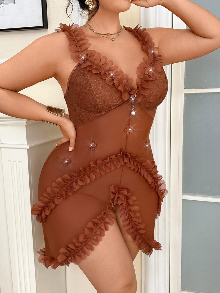 Dream Adore Lotus Leaf Lace Pearl Flower Pendant Lace Mesh Patchwork Sexy Plus Size Nightgown - Chocolate Brown - View 4