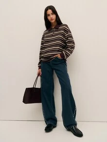Nöista Striped Knit Polo Top, Casual Business Top For Women, Everyday Wear, Fall Style Aesthetic Chic - Multicolor - View 4
