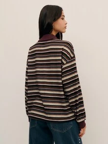 Nöista Striped Knit Polo Top, Casual Business Top For Women, Everyday Wear, Fall Style Aesthetic Chic - Multicolor - View 2