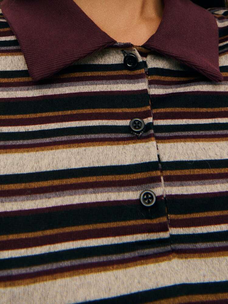 Nöista Striped Knit Polo Top, Casual Business Top For Women, Everyday Wear, Fall Style Aesthetic Chic - Multicolor - View 6