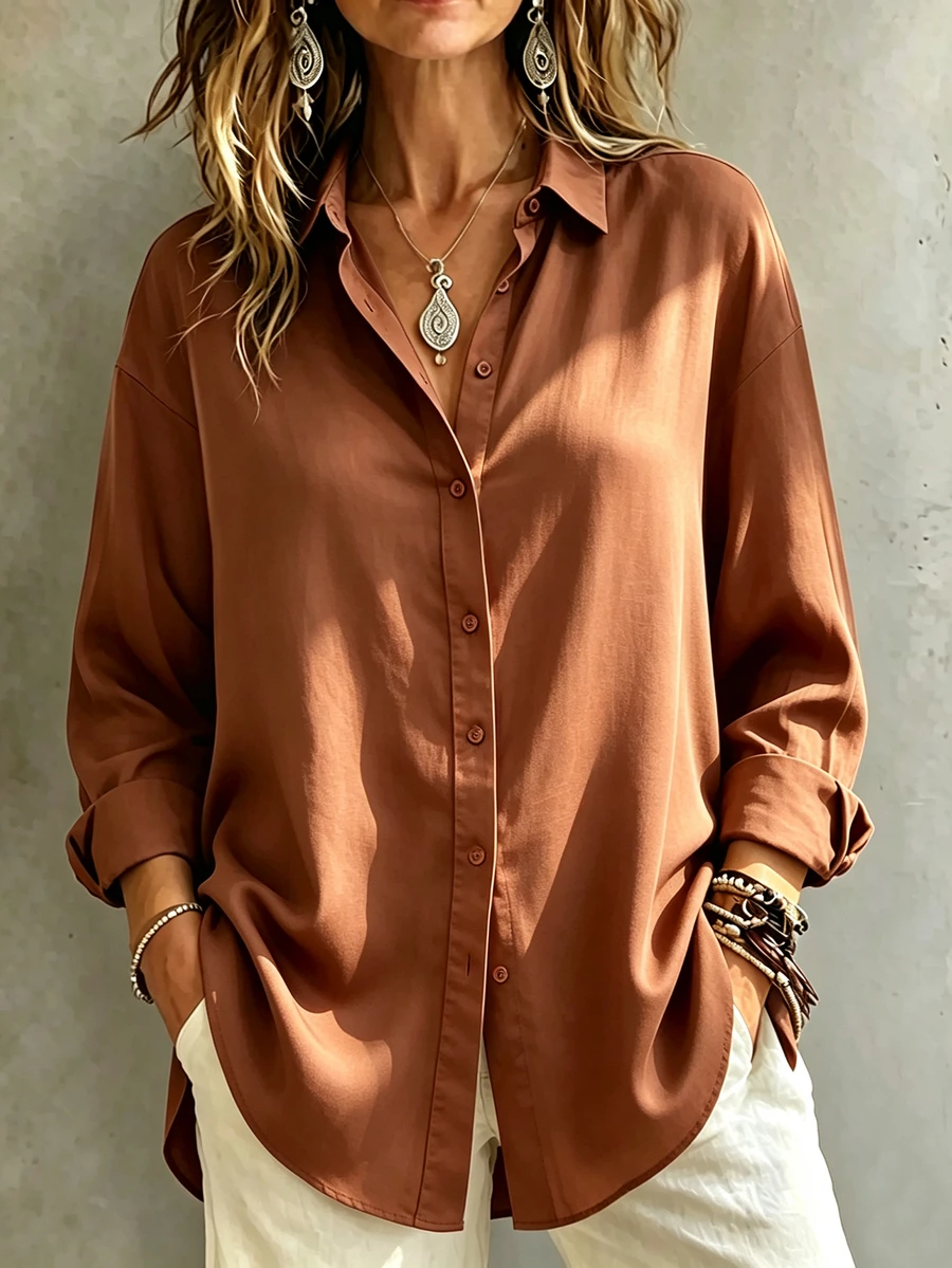 Louniche Women's Solid Color Drop Shoulder Long Sleeve Single-Breasted Casual Shirt - Mocha Brown - View 1