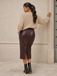 ELLERISSA Rok Midi Pensil Kulit Imitasi Cokelat Pinggang Tinggi Ukuran Plus untuk Musim Gugur - Coklat - View 2
