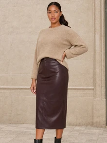 ELLERISSA Rok Midi Pensil Kulit Imitasi Cokelat Pinggang Tinggi Ukuran Plus untuk Musim Gugur - Coklat - View 6