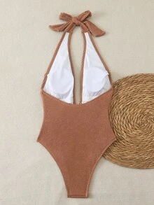 Swim Chiccia Women's Solid Color Textured Fabric Metal Decor V-Neck Halter Sexy One-Piece Swimsuit - Mocha Brown - View 2