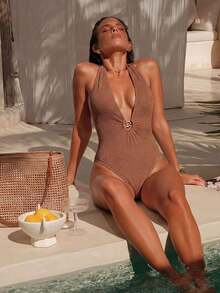 Swim Chiccia Women's Solid Color Textured Fabric Metal Decor V-Neck Halter Sexy One-Piece Swimsuit - Mocha Brown - View 1