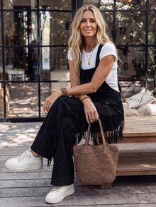 SHEIN LilyWest Women's Western Style Tassel Trim Button Design Jumpsuit - Black - View 5