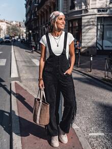 SHEIN LilyWest Women's Western Style Tassel Trim Button Design Jumpsuit - Black - View 6