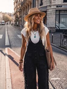 SHEIN LilyWest Women's Western Style Tassel Trim Button Design Jumpsuit - Black - View 4
