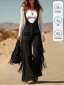 SHEIN LilyWest Women's Western Style Tassel Trim Button Design Jumpsuit - Black - View 7