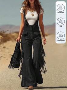 SHEIN LilyWest Women's Western Style Tassel Trim Button Design Jumpsuit - Black - View 1