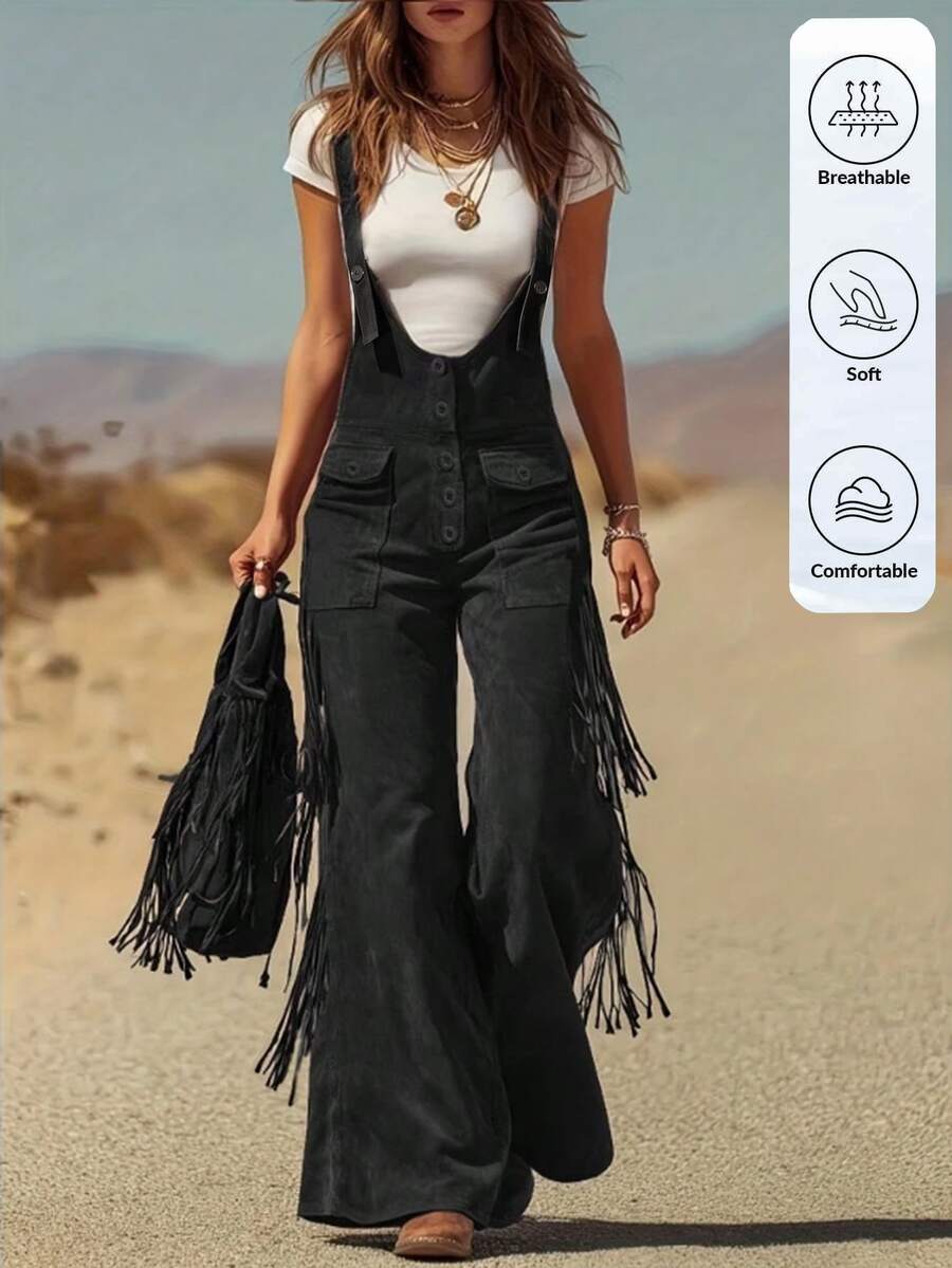 SHEIN LilyWest Women's Western Style Tassel Trim Button Design Jumpsuit - Black - View 1