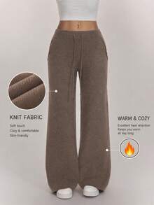 SHEIN PETITE Women's Casual Solid Color Knit Pants In Fall/Winter - Khaki - View 10