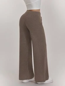 SHEIN PETITE Women's Casual Solid Color Knit Pants In Fall/Winter - Khaki - View 2