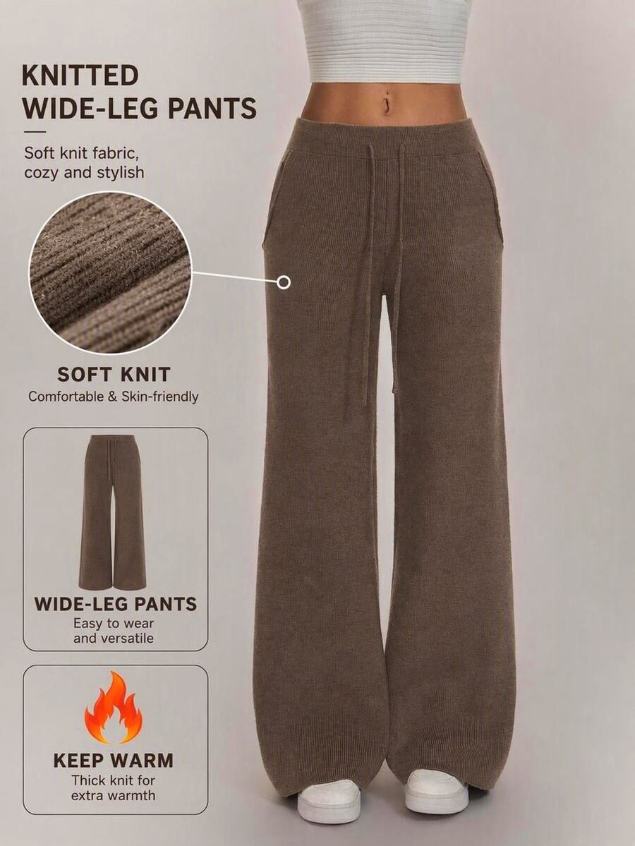 SHEIN PETITE Women's Casual Solid Color Knit Pants In Fall/Winter - Khaki - View 1
