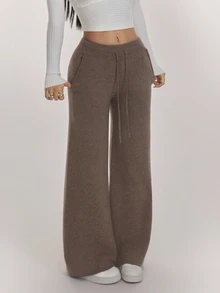 SHEIN PETITE Women's Casual Solid Color Knit Pants In Fall/Winter - Khaki - View 6