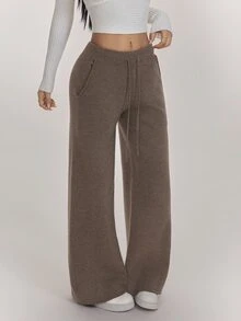 SHEIN PETITE Women's Casual Solid Color Knit Pants In Fall/Winter - Khaki - View 5