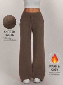 SHEIN PETITE Women's Casual Solid Color Knit Pants In Fall/Winter - Khaki - View 11