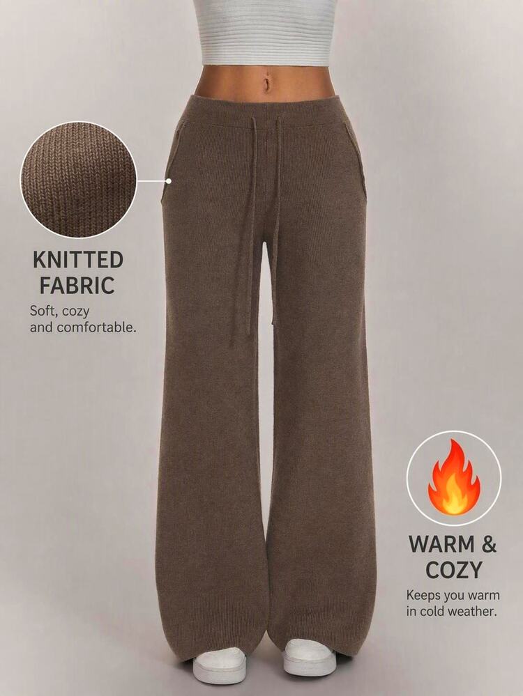 SHEIN PETITE Quần len dệt kim nữ màu trơn phong cách thường ngày cho mùa Thu/Đông - Màu Khaki - Xem 11
