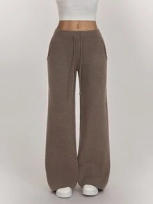 SHEIN PETITE Women's Casual Solid Color Knit Pants In Fall/Winter - Khaki - View 9