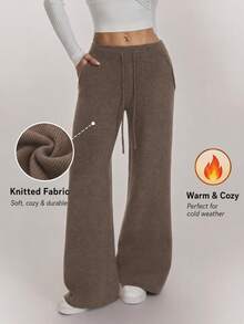 SHEIN PETITE Women's Casual Solid Color Knit Pants In Fall/Winter - Khaki - View 3
