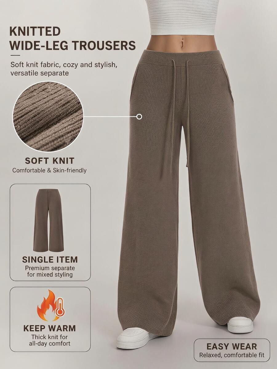 SHEIN PETITE Women's Casual Solid Color Knit Pants In Fall/Winter - Khaki - View 1