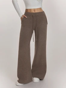 SHEIN PETITE Women's Casual Solid Color Knit Pants In Fall/Winter - Khaki - View 7