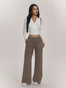 SHEIN PETITE Women's Casual Solid Color Knit Pants In Fall/Winter - Khaki - View 4