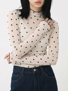 FRIFUL Women's Autumn Ruffle Collar Long Sleeve Polka Dot Blouse Sheer - Apricot - View 6