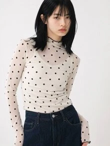 FRIFUL Women's Autumn Ruffle Collar Long Sleeve Polka Dot Blouse Sheer - Apricot - View 8