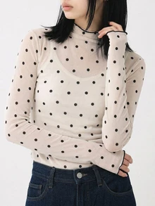 FRIFUL Women's Autumn Ruffle Collar Long Sleeve Polka Dot Blouse Sheer - Apricot - View 5