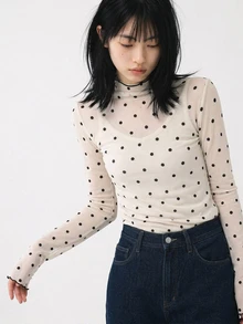 FRIFUL Women's Autumn Ruffle Collar Long Sleeve Polka Dot Blouse Sheer - Apricot - View 3