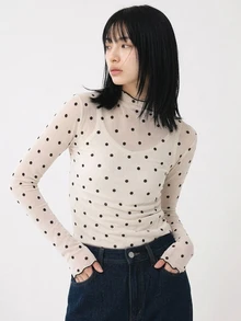 FRIFUL Women's Autumn Ruffle Collar Long Sleeve Polka Dot Blouse Sheer - Apricot - View 9