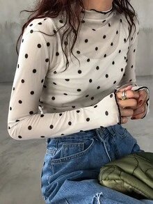 FRIFUL Women's Autumn Ruffle Collar Long Sleeve Polka Dot Blouse Sheer - Apricot - View 12