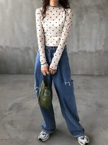 FRIFUL Women's Autumn Ruffle Collar Long Sleeve Polka Dot Blouse Sheer - Apricot - View 11