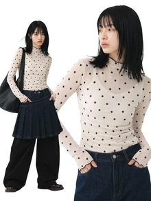 FRIFUL Women's Autumn Ruffle Collar Long Sleeve Polka Dot Blouse Sheer - Apricot - View 10