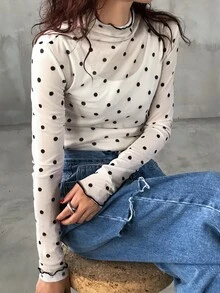 FRIFUL Women's Autumn Ruffle Collar Long Sleeve Polka Dot Blouse Sheer - Apricot - View 14