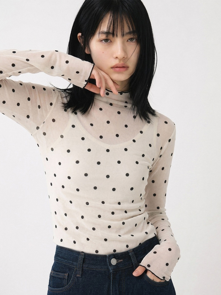 FRIFUL Women's Autumn Ruffle Collar Long Sleeve Polka Dot Blouse Sheer - Apricot - View 4