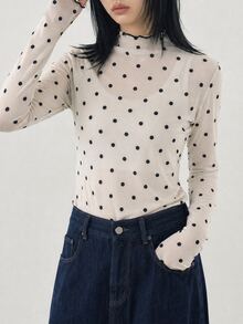FRIFUL Women's Autumn Ruffle Collar Long Sleeve Polka Dot Blouse Sheer - Apricot - View 7