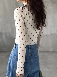 FRIFUL Women's Autumn Ruffle Collar Long Sleeve Polka Dot Blouse Sheer - Apricot - View 15