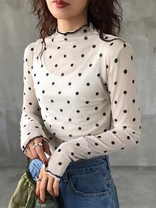 FRIFUL Women's Autumn Ruffle Collar Long Sleeve Polka Dot Blouse Sheer - Apricot - View 16