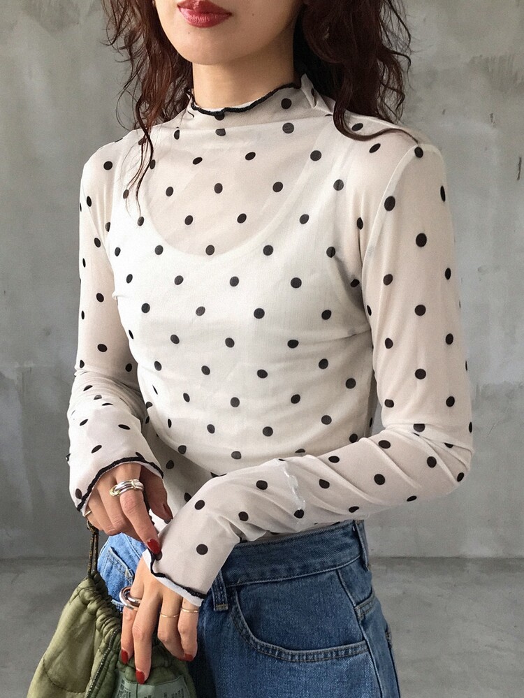 FRIFUL Women's Autumn Ruffle Collar Long Sleeve Polka Dot Blouse Sheer - Apricot - View 16