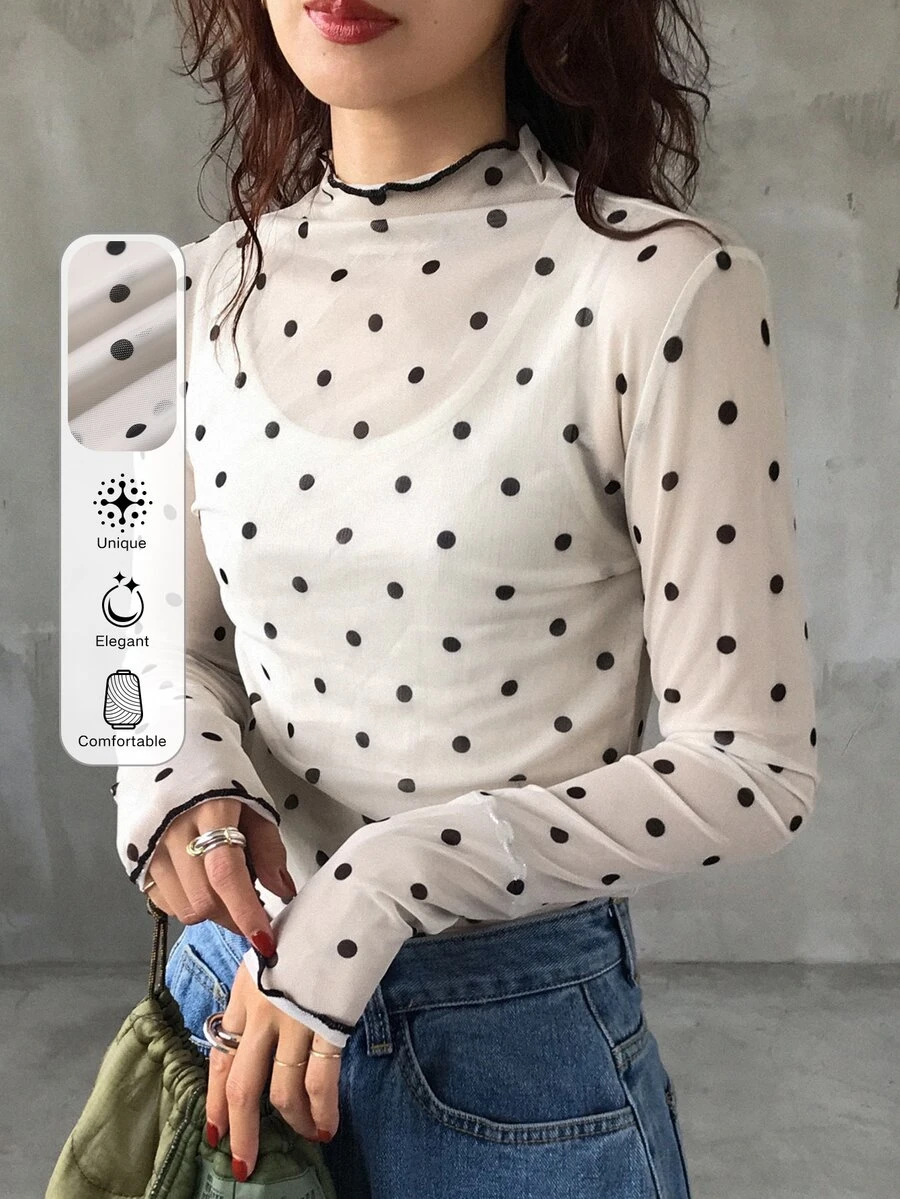 FRIFUL Women's Autumn Ruffle Collar Long Sleeve Polka Dot Blouse Sheer - Apricot - View 1