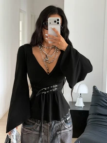 StreetHx Streetwear Women's Autumn/Winter Long Sleeve Waist Tie Adjustable Flared T-Shirt - Black - View 4
